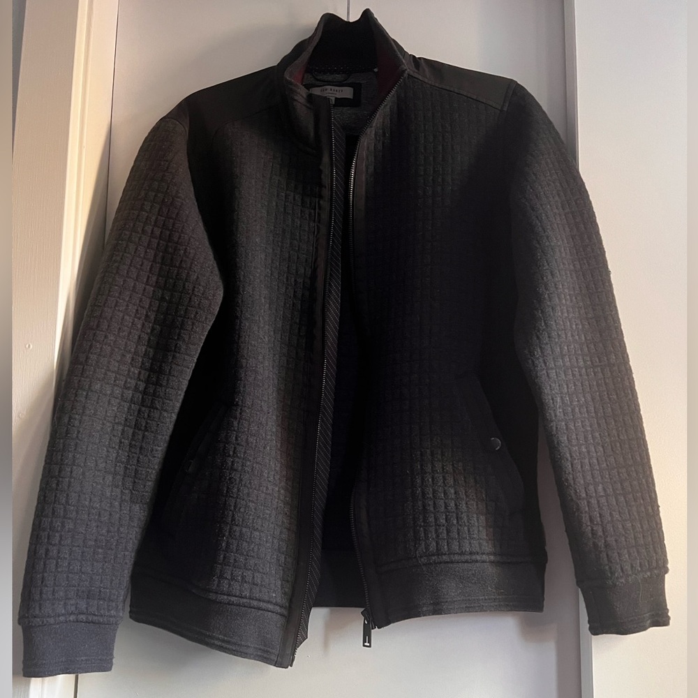 TED BAKER charcoal gray bomber style jacket knit size 3